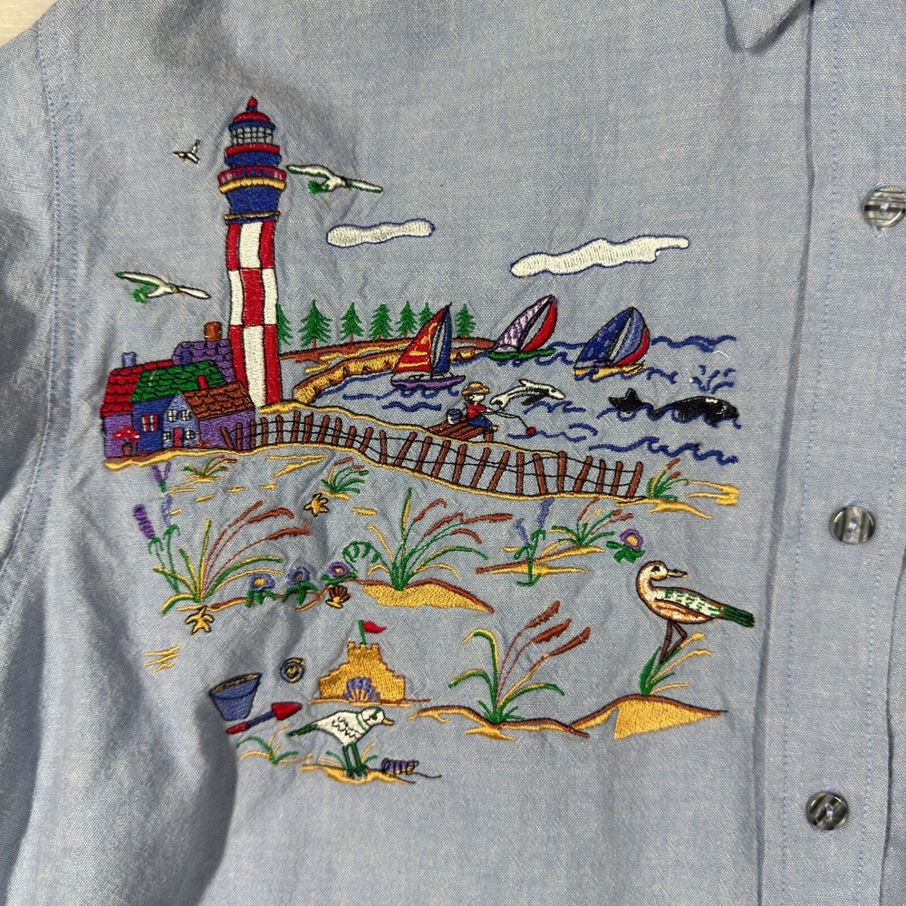 Casey Coleman Denim Top Womens XL Blue Beach Embroidered Lighthouse Sailboat - Picture 4 of 16